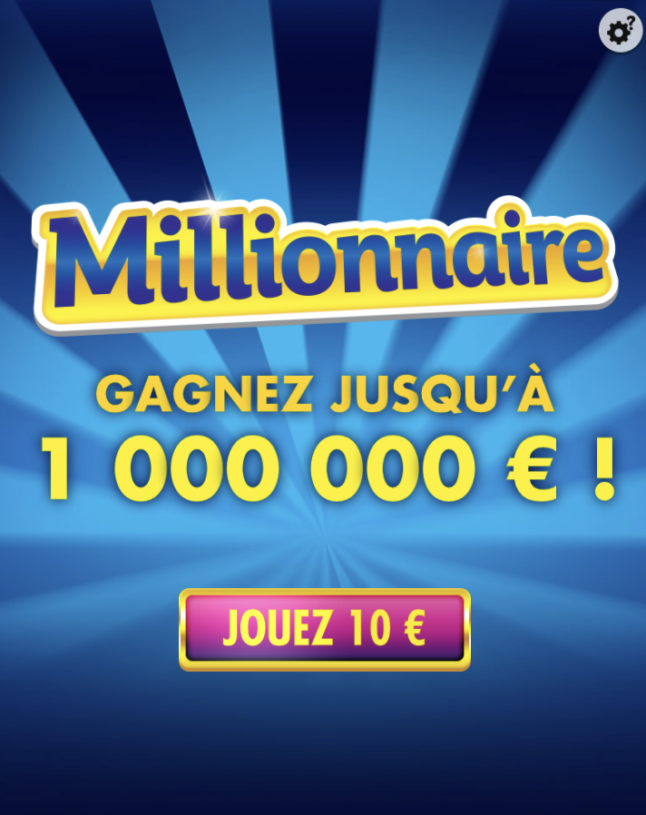 Écran d'accueil du jeu de grattage Millionnaire FDJ affichant un gain pouvant atteindre 1 000 000 €