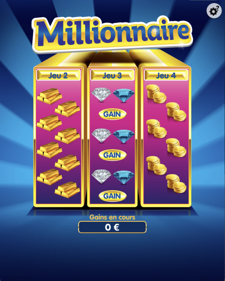 Grille de jeu Millionnaire FDJ avec les jeux 2, 3, et 4 : les lingots, les pierres précieuses et les pièces à gratter
